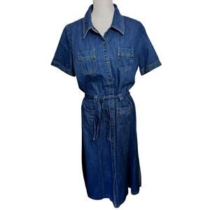 Denim Chambray Maxi Dress Cotton Belted Pockets Size 14 Modest Teacher 90's